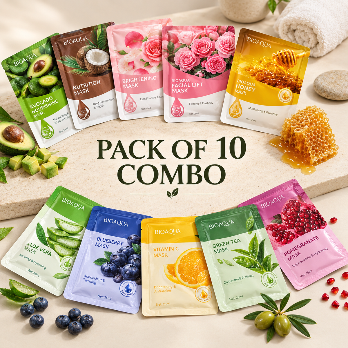 BIOAQUA Natural Skincare Sheet Mask Combo – Pack of 10