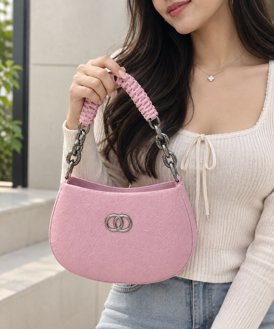 Pastel Pink Ruched Chain Handbag for Women & Girls | Stylish Shoulder Bag