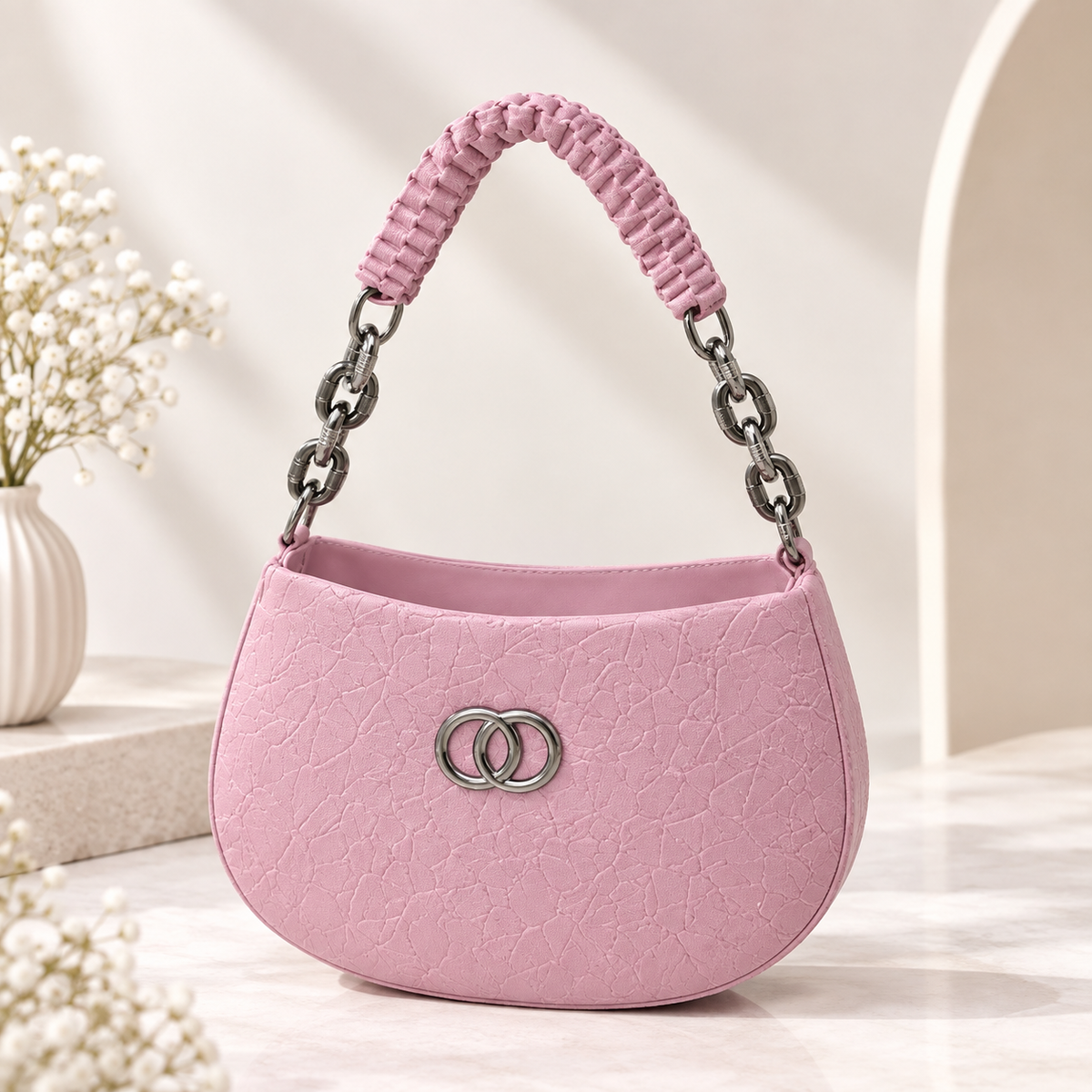 Pastel Pink Ruched Chain Handbag for Women & Girls | Stylish Shoulder Bag